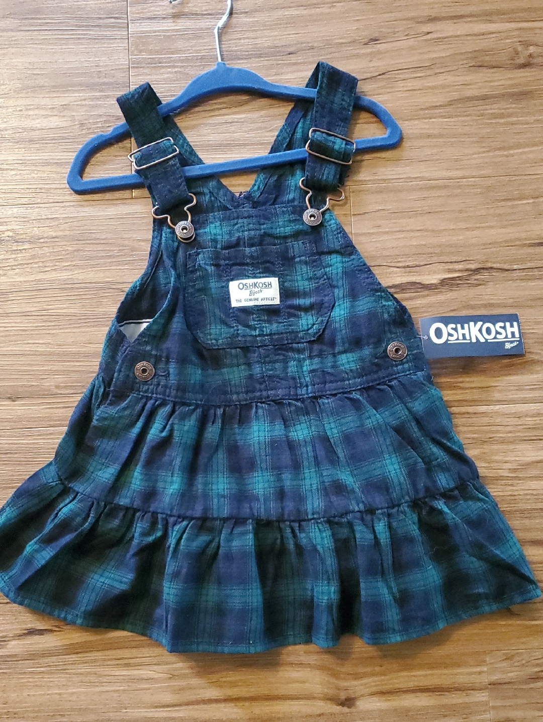 Oshkosh Plaid Green & Navy Girls Overall Dress